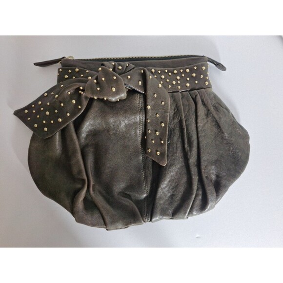 Junior Drake Italian Leather Chocolate Brown Clutch Slouchy Studded Y2K Handbag - Picture 1 of 9